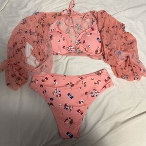 SHEIN Pink Floral Bikini Set with Sheer Cover-Up
